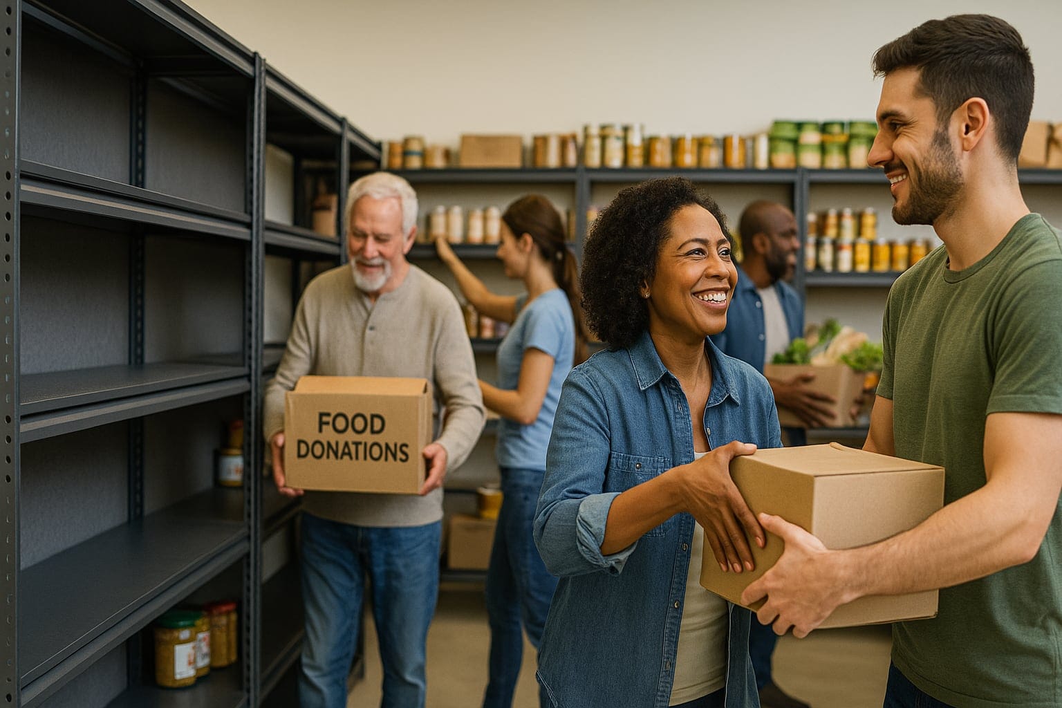 feed charlotte3 people stocking food shelfs
